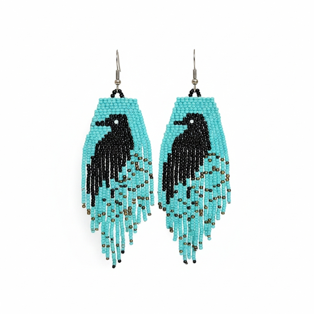 Beaded Turquoise and Black Crow Bird Earrings
